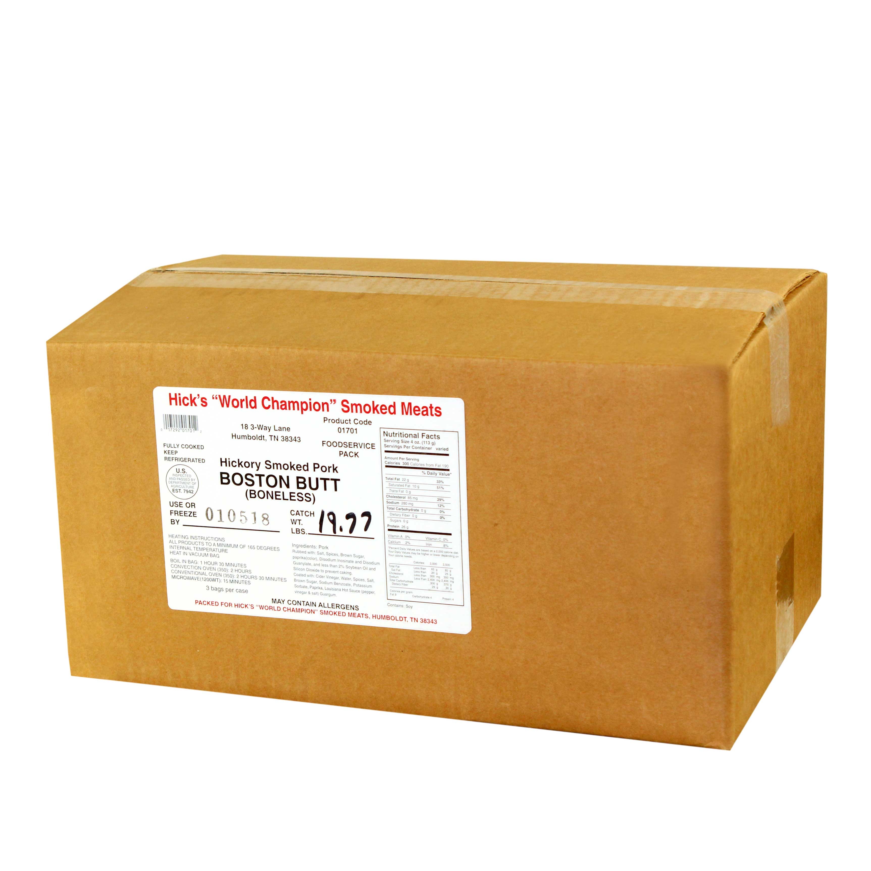 Hicks Hickory Smoked Boneless Whole Boston Butt No Sauce, 6.5 Pound -- 3 per case.