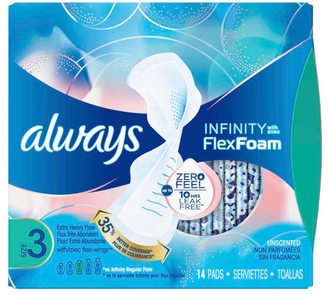Always Infinity Size 3 Feminine Pads with Wings - 14 count per pack -- 6 per case