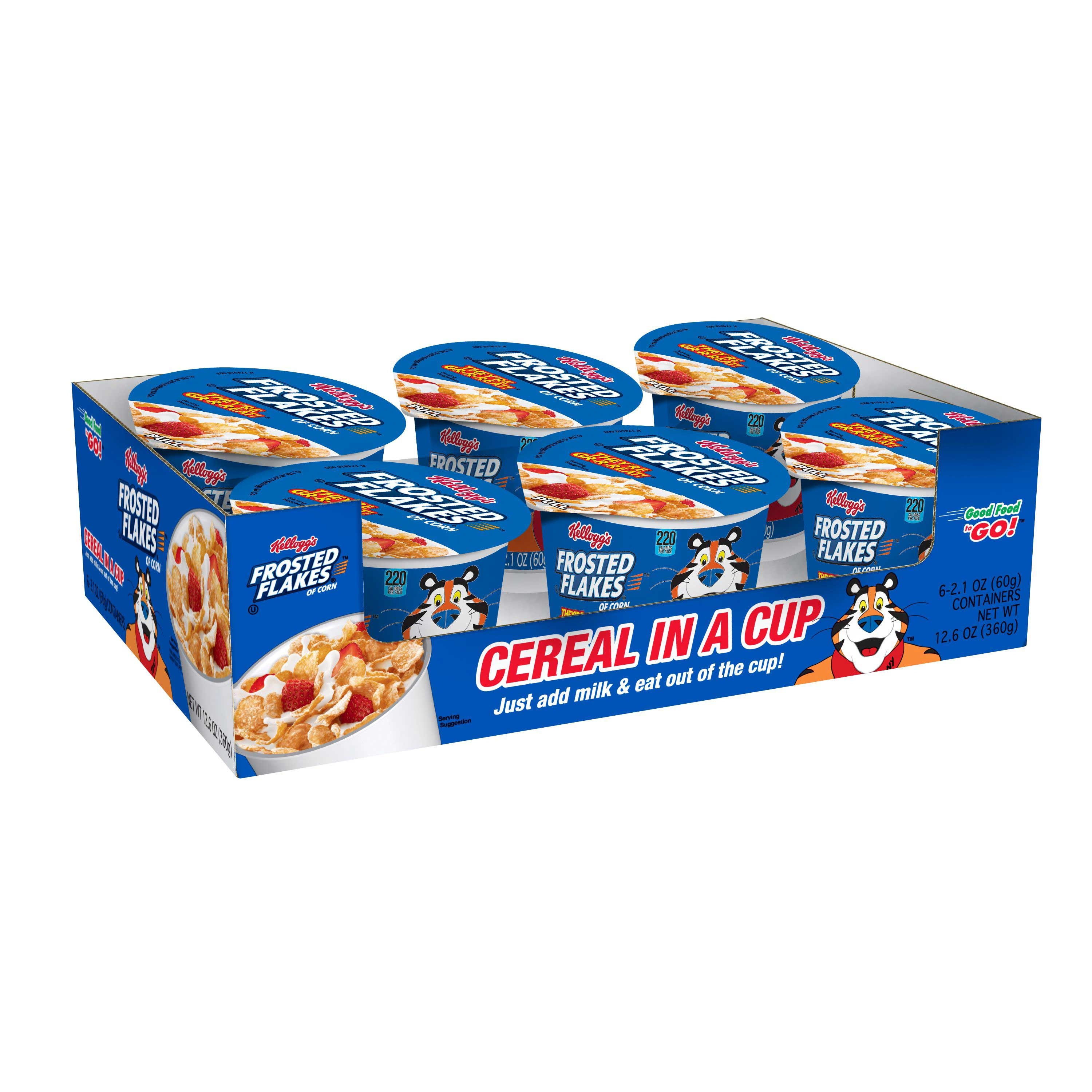 Kelloggs Breakfast Cereal, Frosted Flakes, Single-Serve 2.1oz Cup, 6/Box