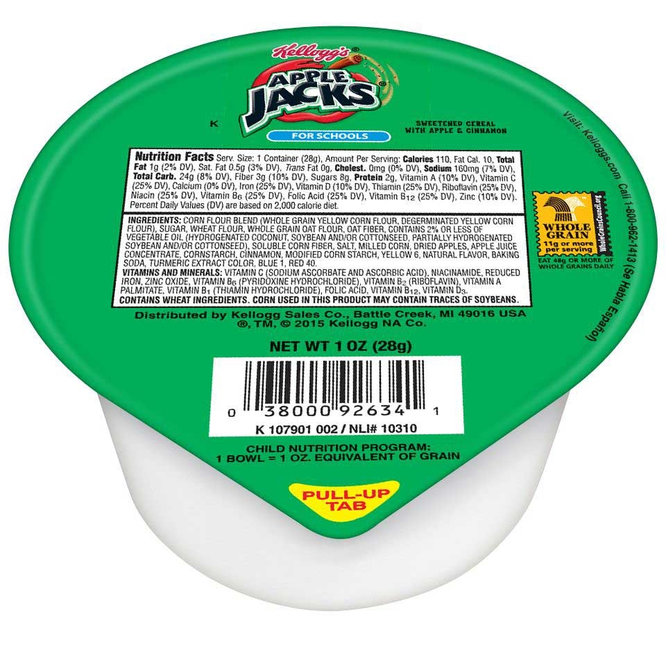 Kelloggs Apple Jacks Reduced Sugar Whole Grain Cereal, 1 Ounce Bowl -- 96 per case.