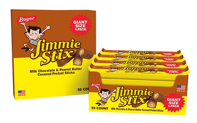 Jimmie Stix Giant Size Milk Chocolate and Peanut Butter Covered Pretzel Sticks, 3.6 Ounce -- 150 per case.
