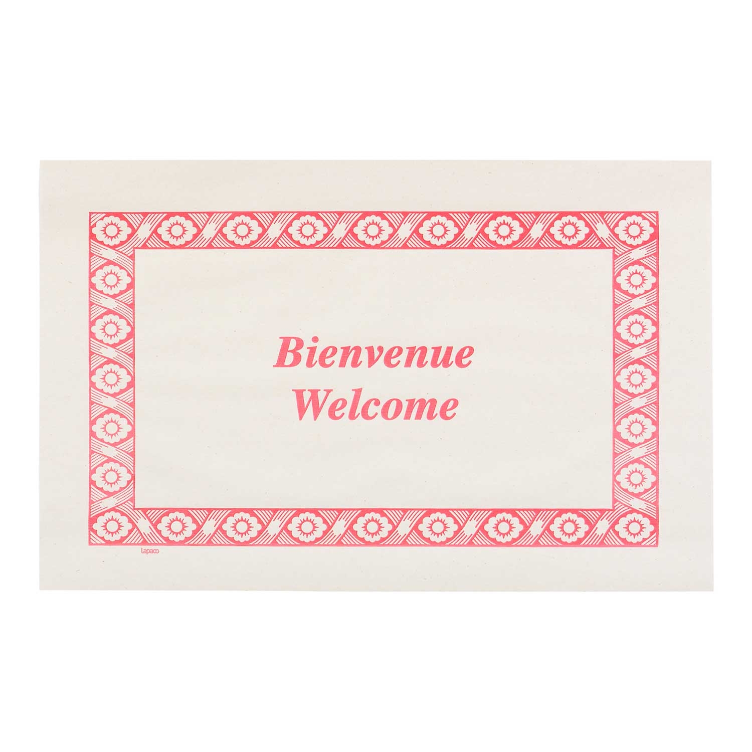 Lapaco Bienvenue Welcome Red Straight Edge Placemat, 9 1/2 x 13 1/2 inch -- 1000 per case.