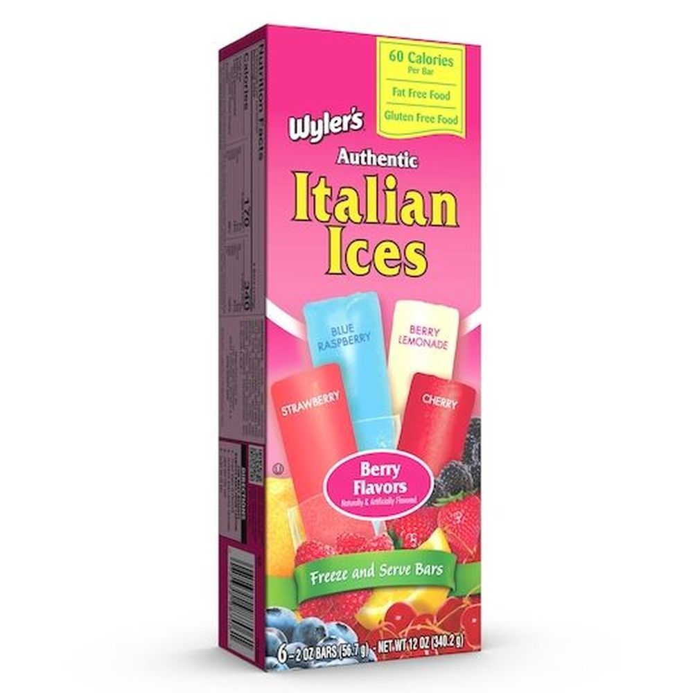 Wylers Italian Ices Strawberry Blue Raspberry Berry Lemonade and Cherry Berry Flavors Freezer Bar, 6 count -- 12 per case