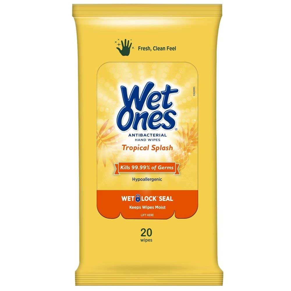 Wet Ones Tropical Splash Antibacterial Hand Wipes - 20 count per pack -- 10 packs per case.