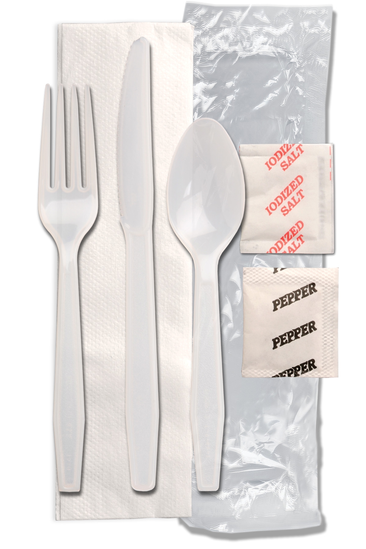 Enviroware Polystyrene Fork Knife Spoon Salt and Pepper Napkin Kit -- 250 per case.