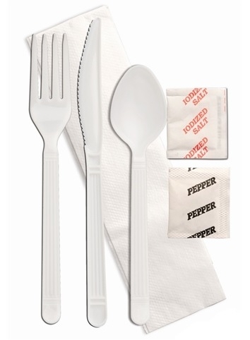 D and W Fine Pack Forum White Fork Knife Teaspoon Salt and Pepper 1 Ply Napkin Kit -- 250 per case.