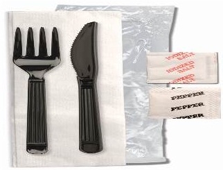 Forum Black Fork Knife Napkin Salt and Pepper Cutlery Kit -- 500 per case.