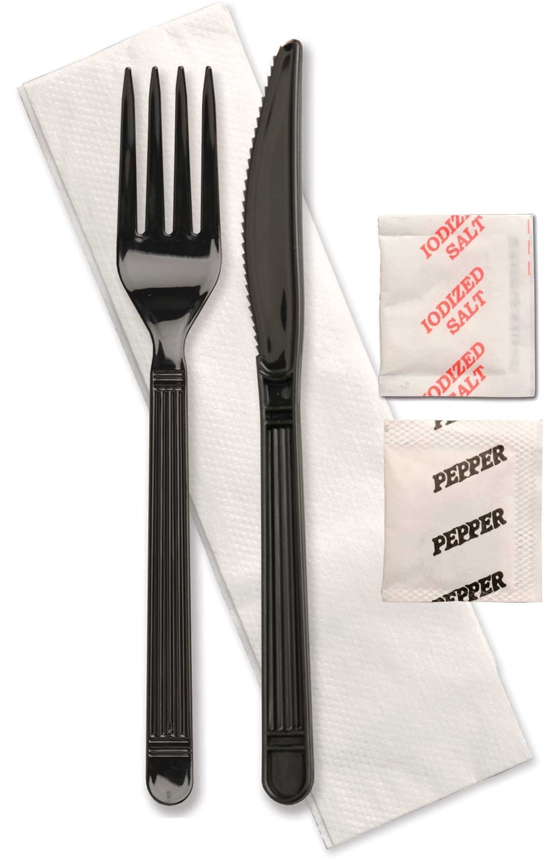 Forum Black Polypropylene Heavyweight Knife Fork Salt and Pepper Napkin Cutlery Kit -- 250 per case.