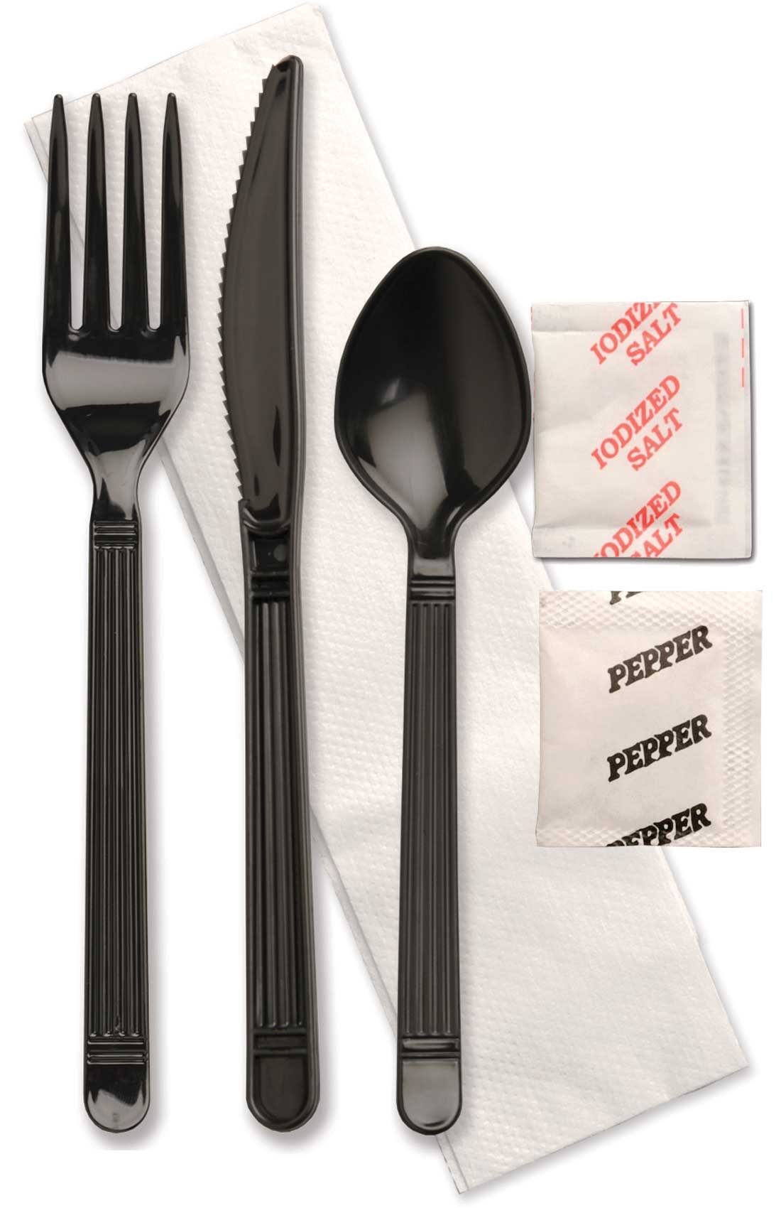 D and W Fine Pack Forum Ebony Fork Knife Teaspoon Salt and Pepper Napkin Meal Kit -- 250 per case.