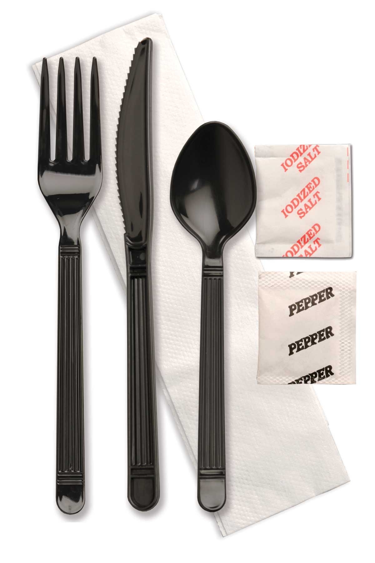 D and W Fine Pack Forum Ebony Fork Knife Teaspoon Salt and Pepper Napkin Kit -- 250 per case.