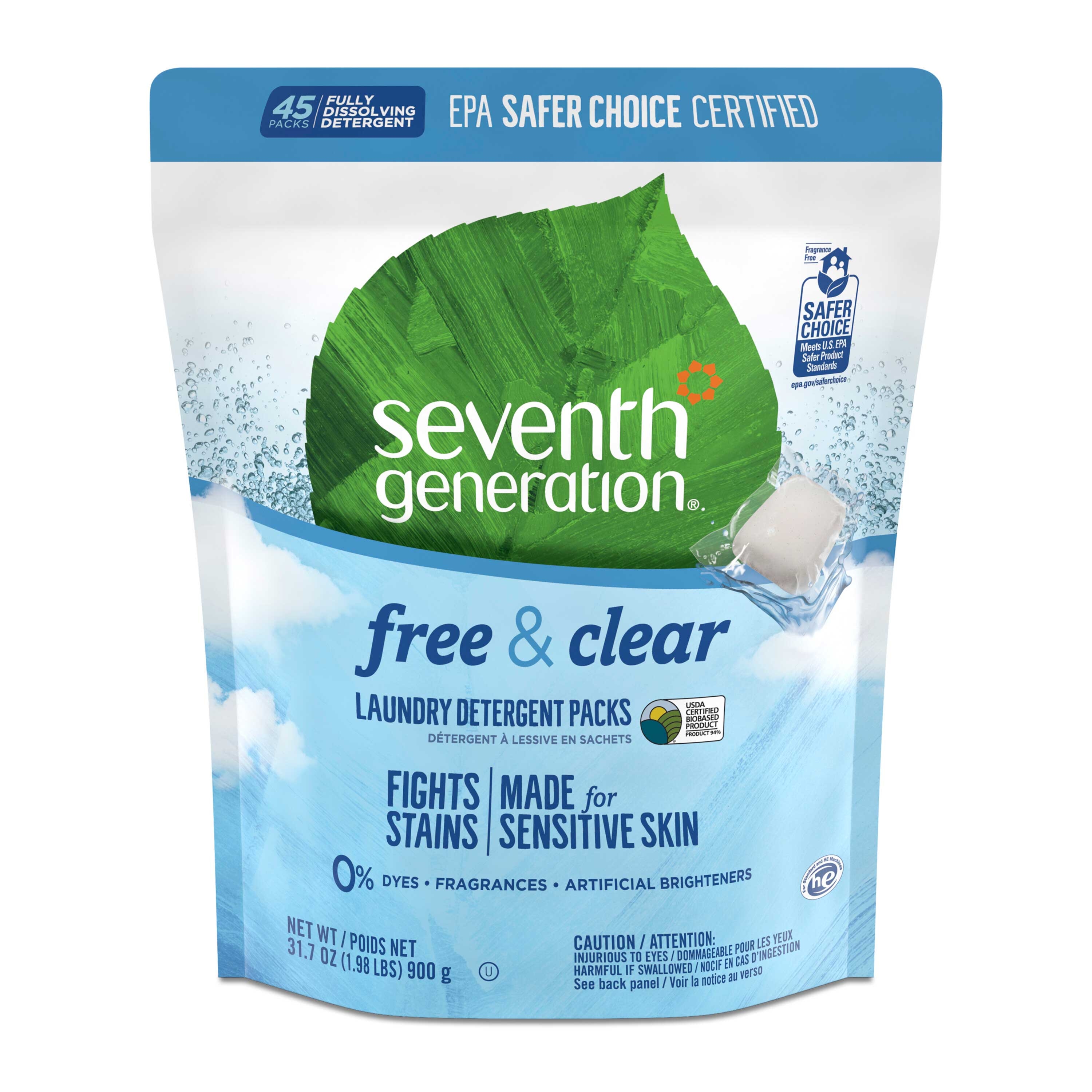 Seventh Generation Free and Clear Laundry Detergent Packs, 45 count per pack -- 8 per case