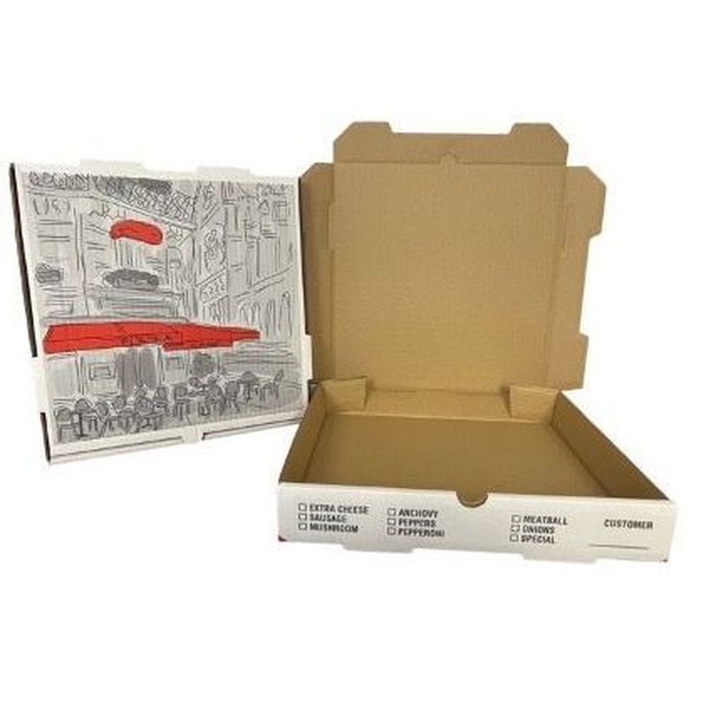 Nemco White / Kraft B Flute White Print Pizza Cafe Box, 12 x 12 x 2 inch -- 50 per case