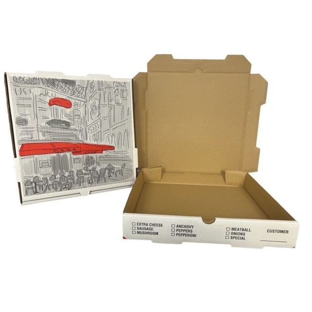 Nemco White / Kraft B Flute White Print Pizza Cafe Box, 14 x 14 x 2 inch -- 50 per case