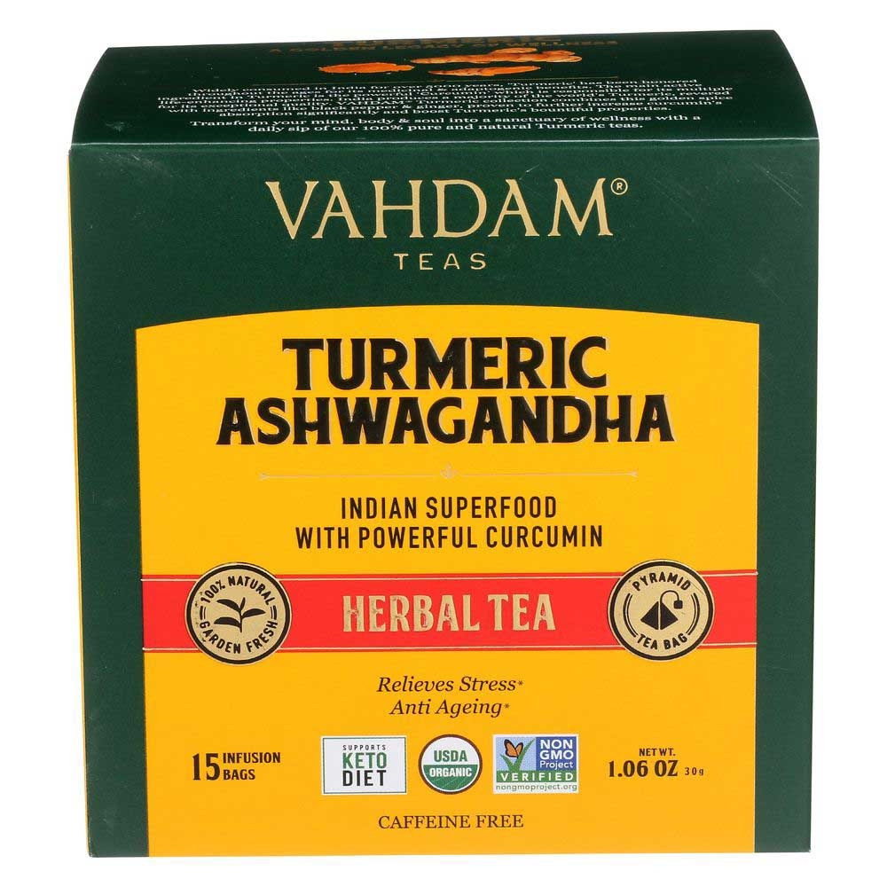 Vahdam Organic Turmeric Ashwagandha Herbal Tea, 15 count -- 6 per case