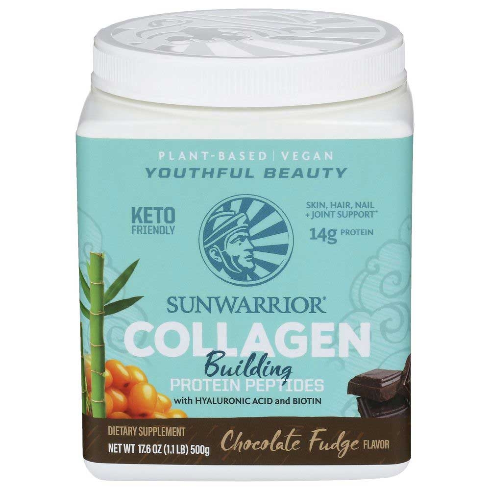 Sunwarrior Chocolate Fudge Collagen Building Protein Peptides Dietary Supplement, 17.6 Ounce