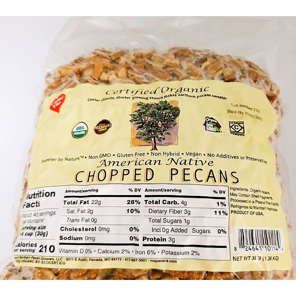 American Native Certified Organic Missouri Pecans - Chopped Pecans, 3 Pound bag -- 6 per case