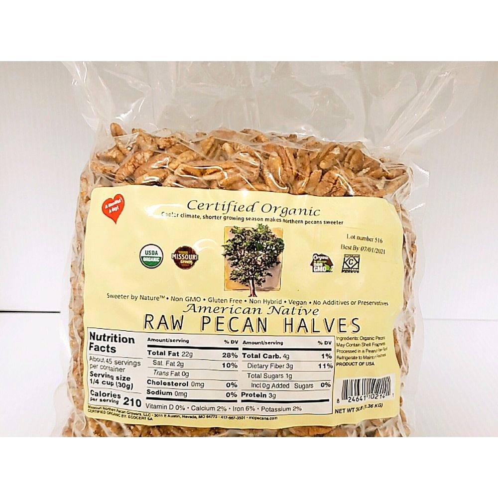 American Native Certified Organic Missouri Pecans - Fancy Halves, 3 Pound bag -- 6 per case