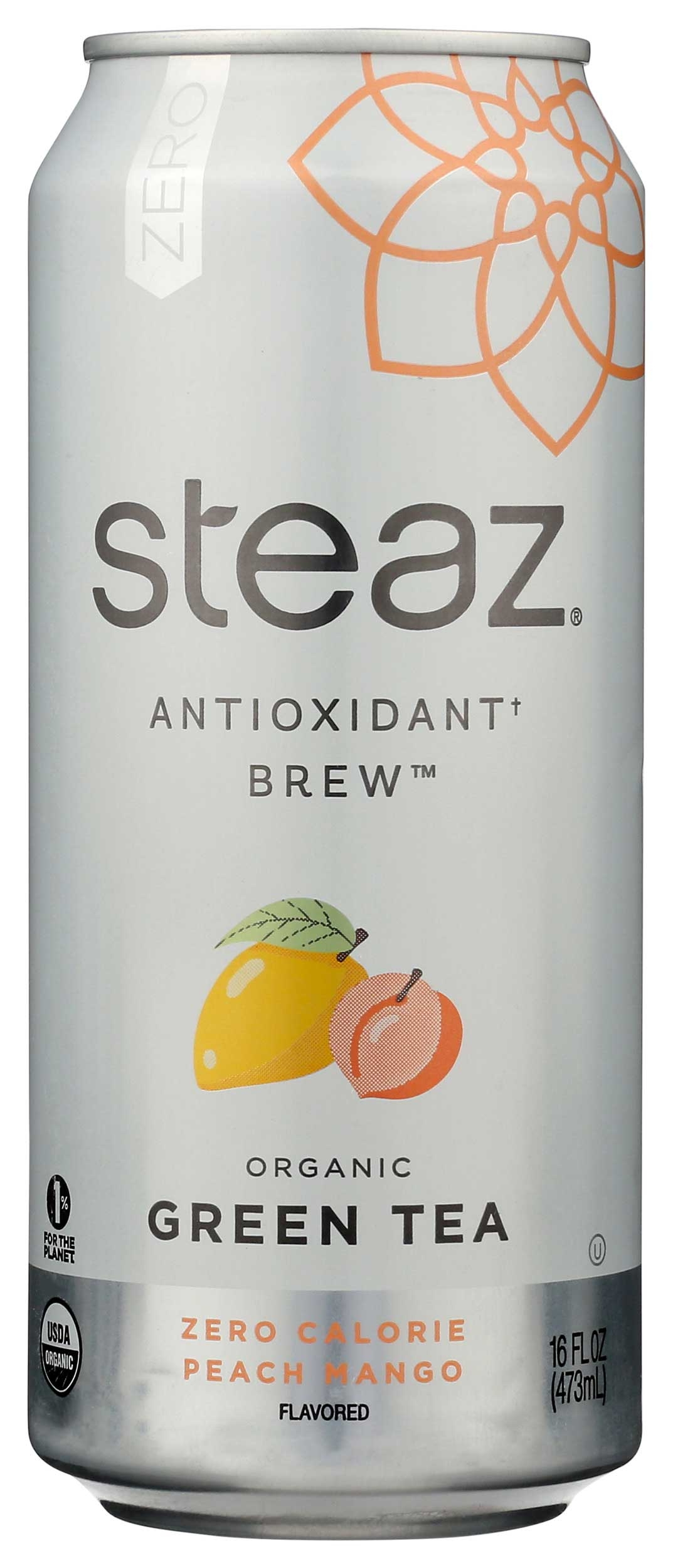 Steaz Zero Calorie Peach Mango Iced Tea, 16 Ounce -- 12 per case.