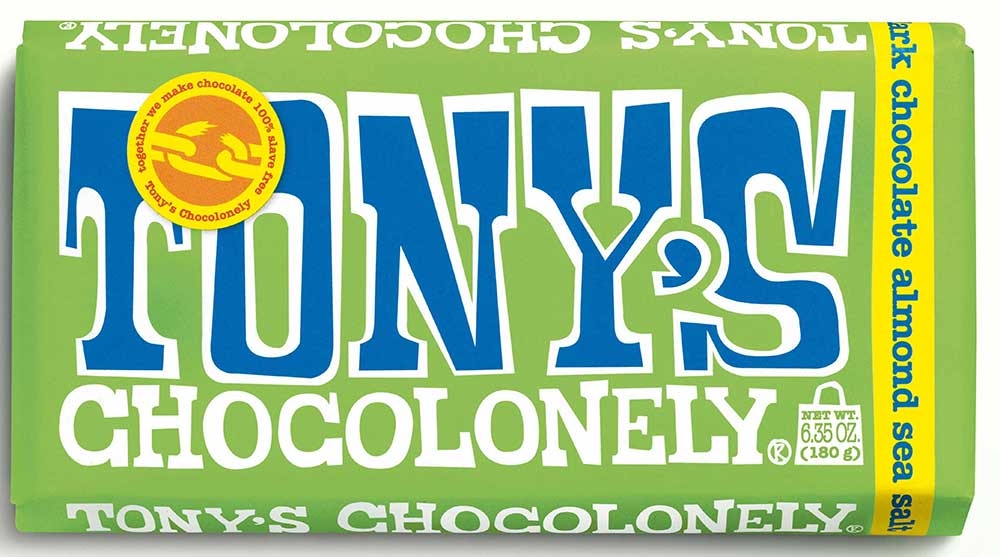 Tonys Chocolonely 51 Percent Dark Chocolate Bar with Almonds and Sea Salt, 6.35 Ounce -- 15 per case
