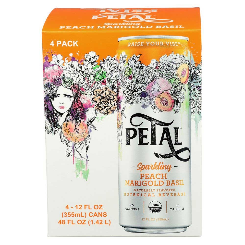 Petal Organic Peach Marigold Basil Sparkling Botanical Beverage, 12 Fluid Ounce - 4 per pack -- 6 packs per case