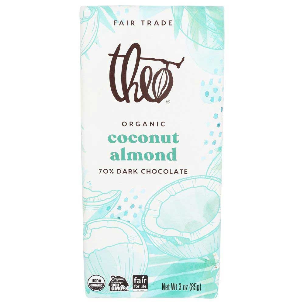 Theo Organic Coconut Almond 65 Percent Dark Chocolate Bar, 3 Ounce -- 12 per case