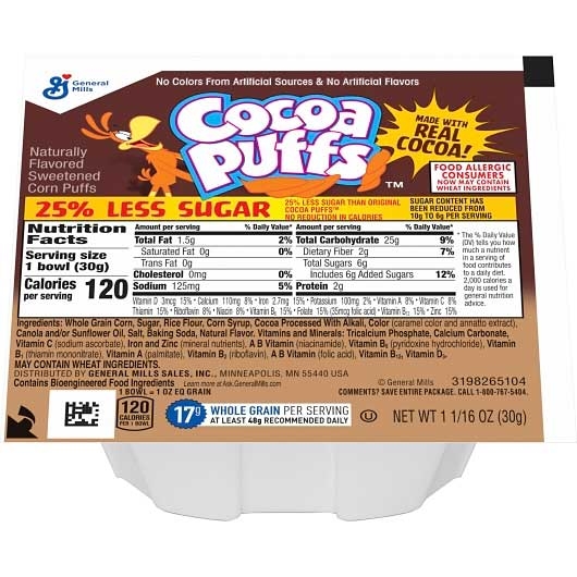 Cocoa Puffs 25 Percent Less Sugar Cereal, 1.06 Ounce -- 96 per case.