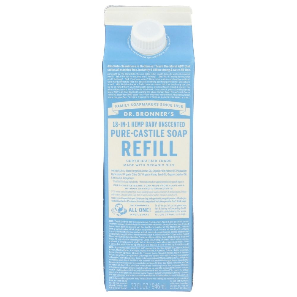 Dr Bronners Pure Castile Unscented Refill Liquid Soap, 32 Fluid Ounce