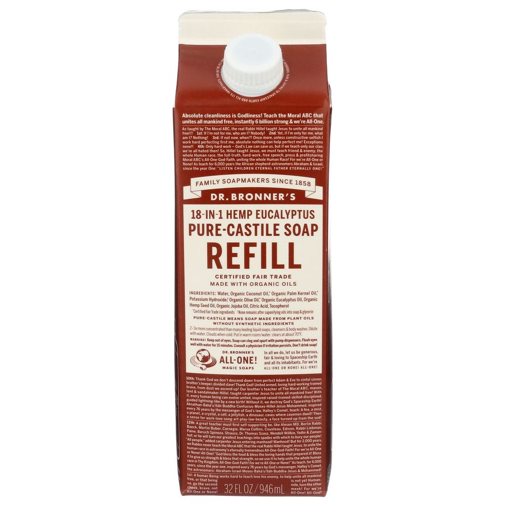 Dr Bronners Pure Castile Hemp 18 in 1 Eucalyptus Refill Liquid Soap, 32 Fluid Ounce