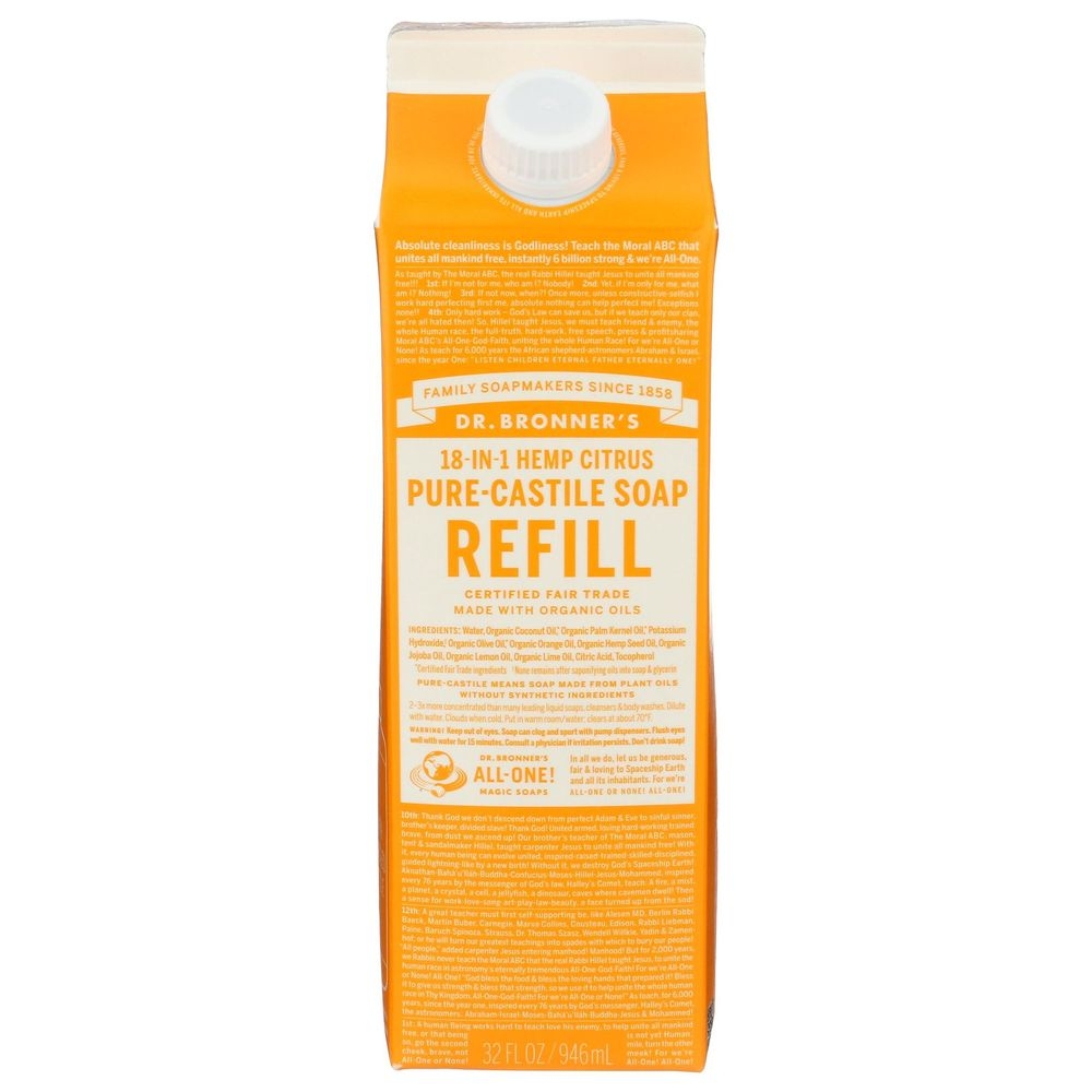 Dr Bronners Pure Castile Hemp Citrus Refill Liquid Soap, 32 Fluid Ounce