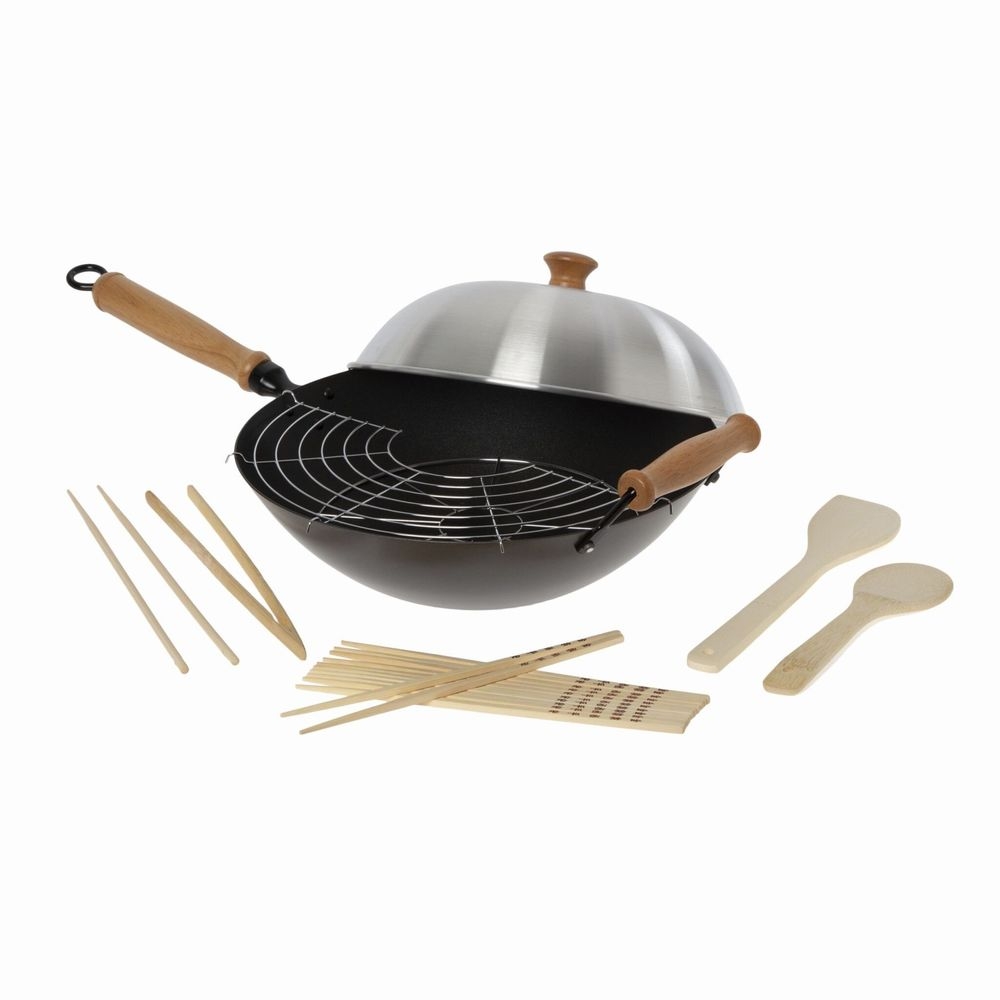 Joyce Chen Professional Series 14 inch Carbon Steel Excalibur Nonstick Flat Bottom Wok Set with Lid and Maple Handles, 10 count