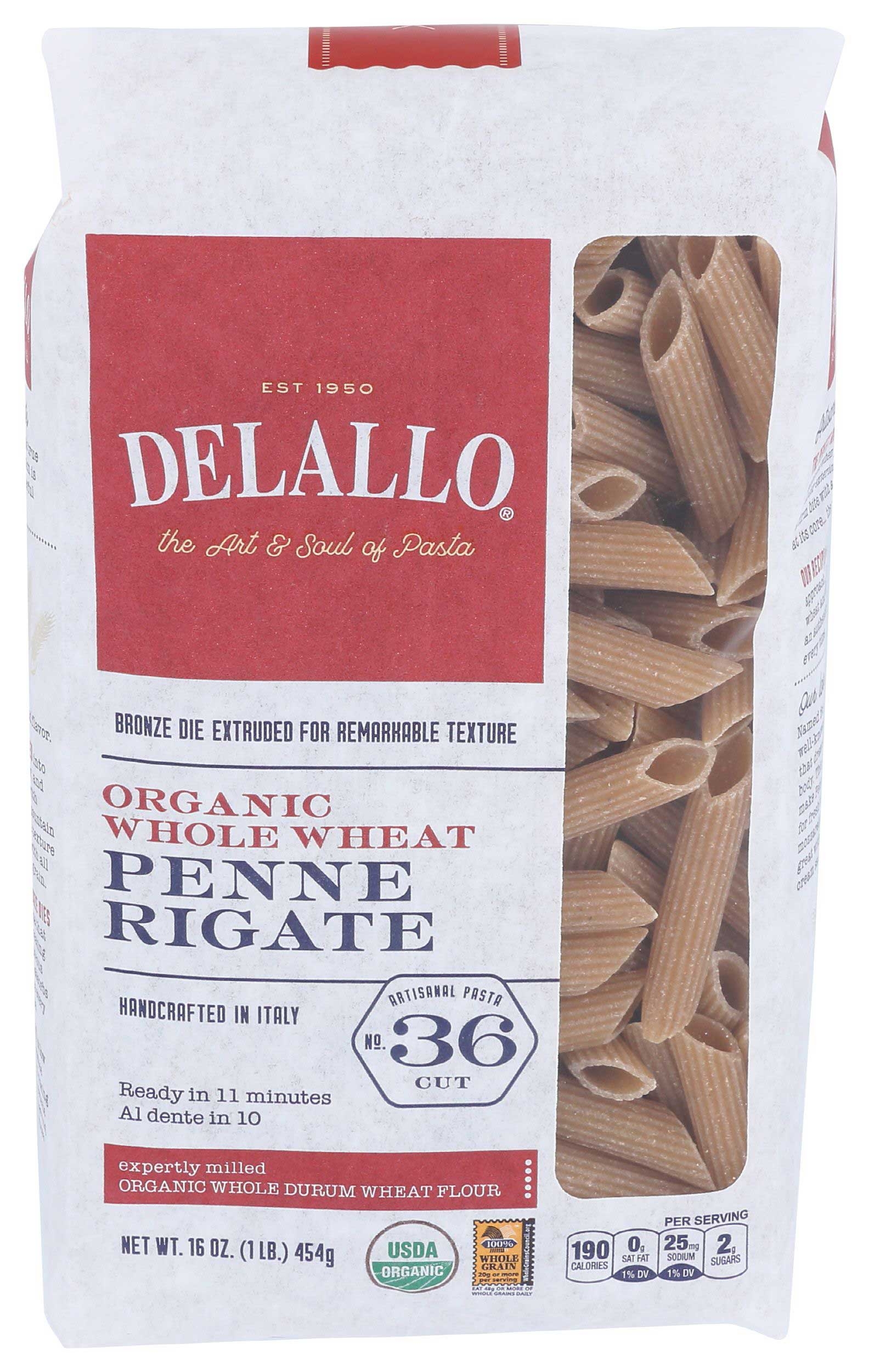 Delallo Organic Whole Wheat Penne Rigate Pasta, 16 Ounce -- 8 per case