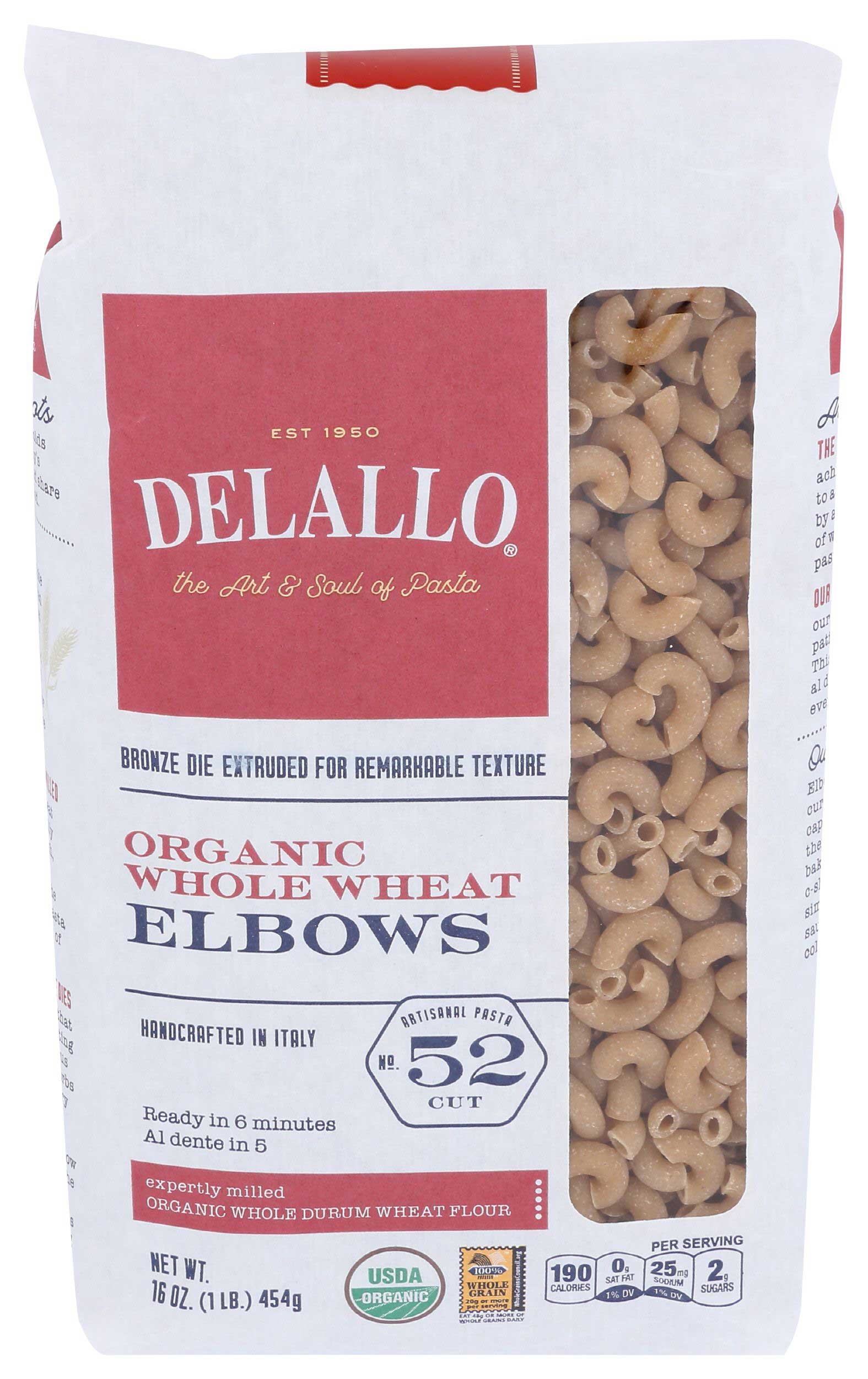 Delallo Organic Whole Wheat Elbows Pasta, 16 Ounce -- 12 per case