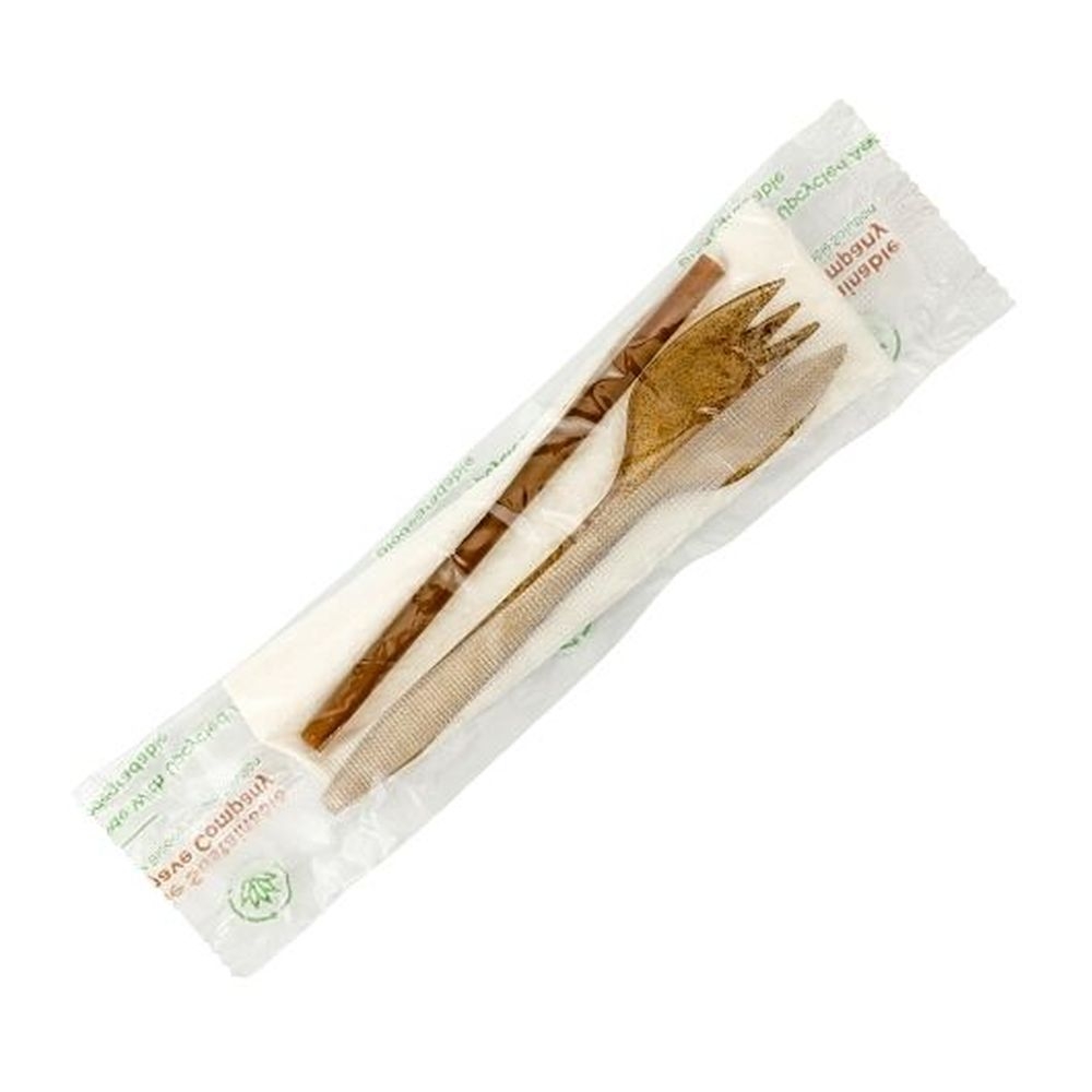 The Sustainable Agave Brown Spork 5 Plus Regular Wrapped Straw Napkin, 600 count