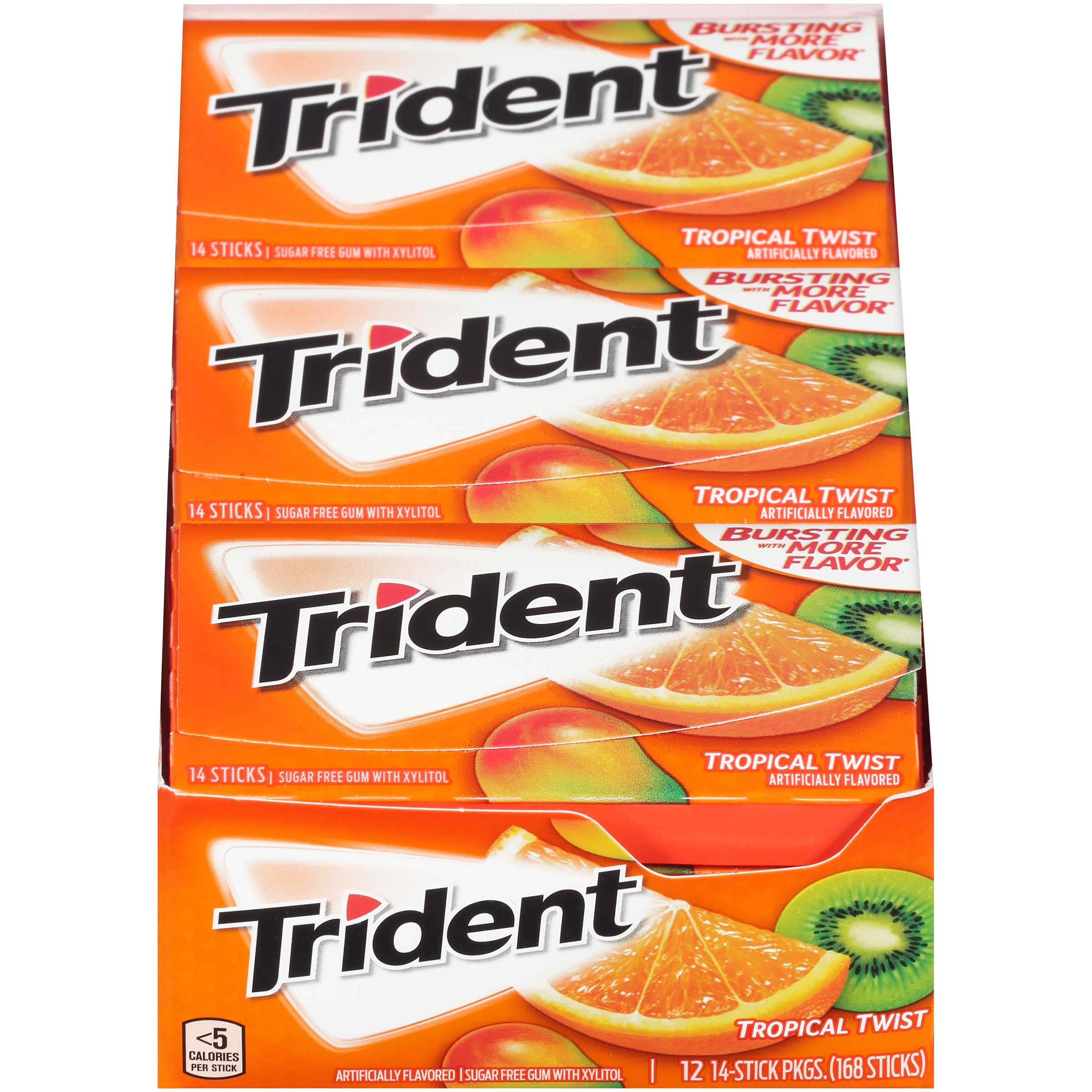 Trident Tropical Twist Sugar Free Gum, 14 count per pack -- 144 per case.