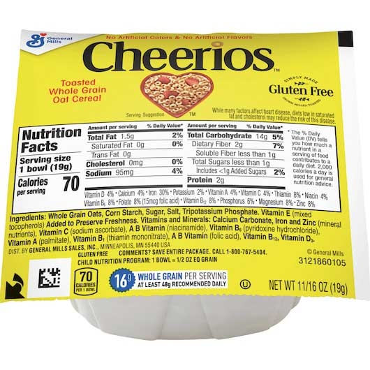 General Mills Cheerios Cereal Bowl Pak - Toasted Whole Grain Oat Cerel, 0.69 Ounce -- 96 per case.