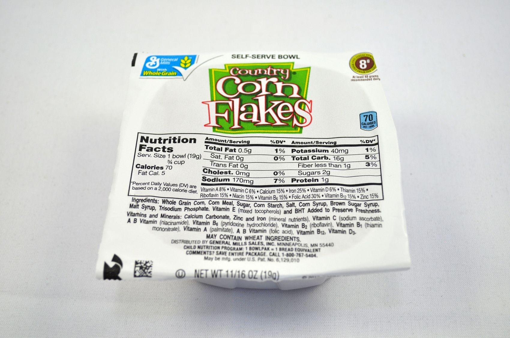 General Mills Corn Flakes - Country Cereal, Bowl Pak, 0.69 Ounce -- 96 per case.
