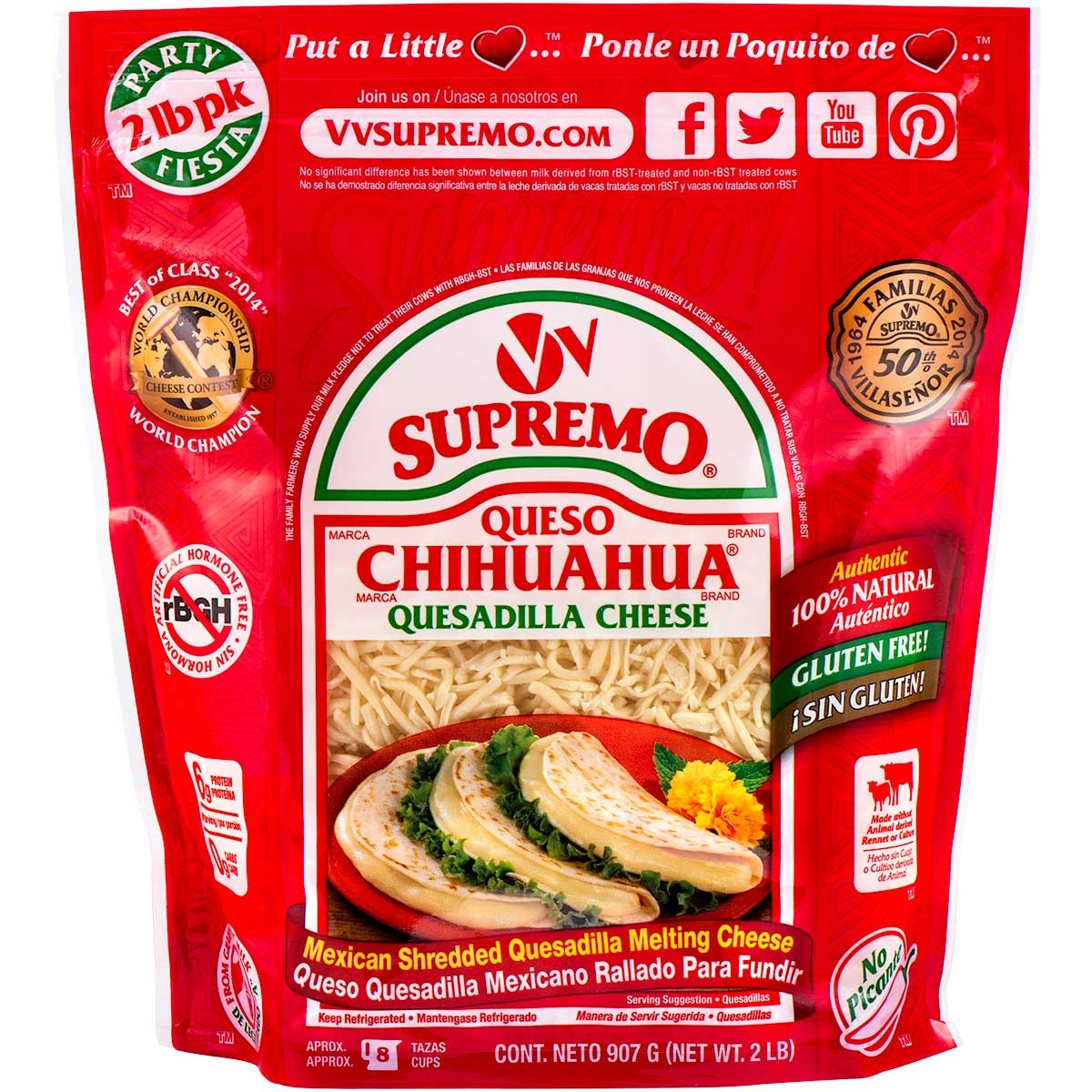 Supremo Queso Chihuahua Shredded Quesadilla Cheese, 2 Pound -- 6 per case.