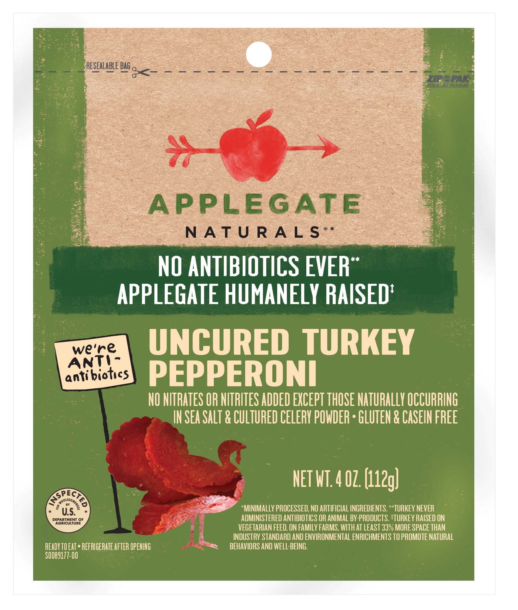 Applegate Naturals Uncured Turkey Pepperoni, 4 Ounce -- 16 per case.