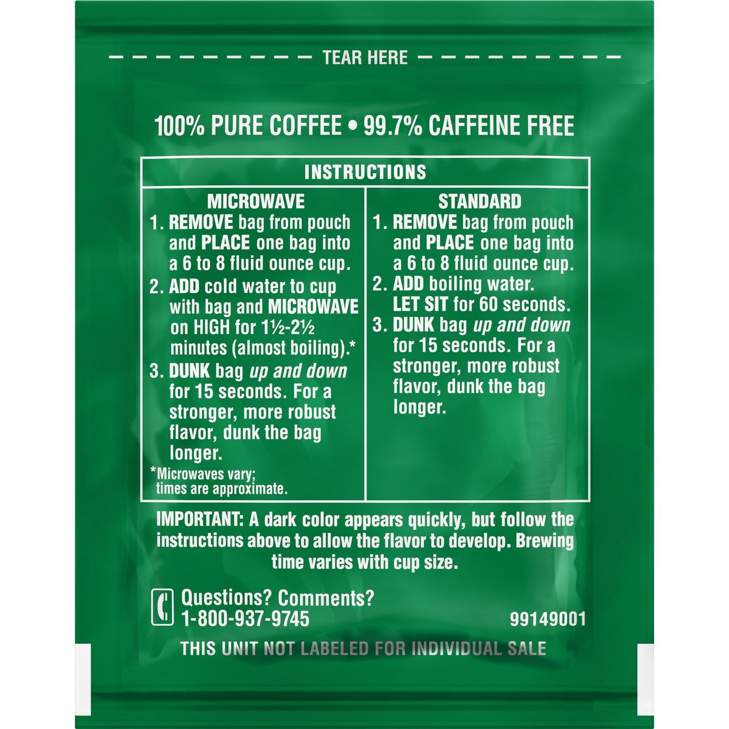 Folgers Decaffeinated Coffee Singles - 19 coffee bags per box, 12 boxes per case