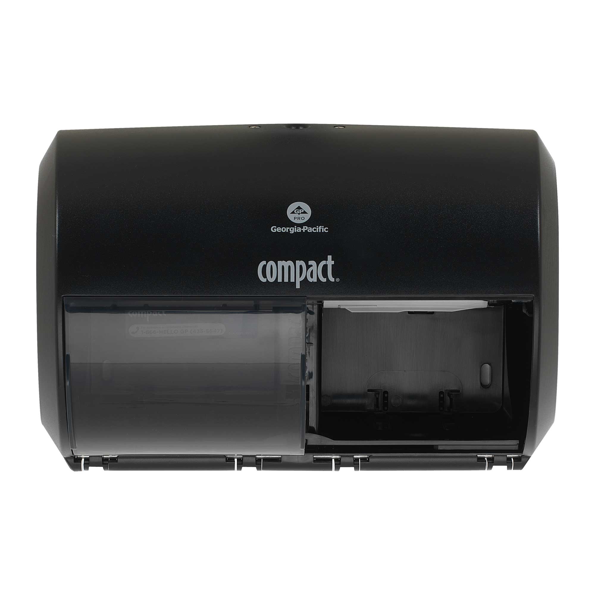 Georgia Pacific Compact Black Side By Side Double Roll Toilet Paper Dispenser.