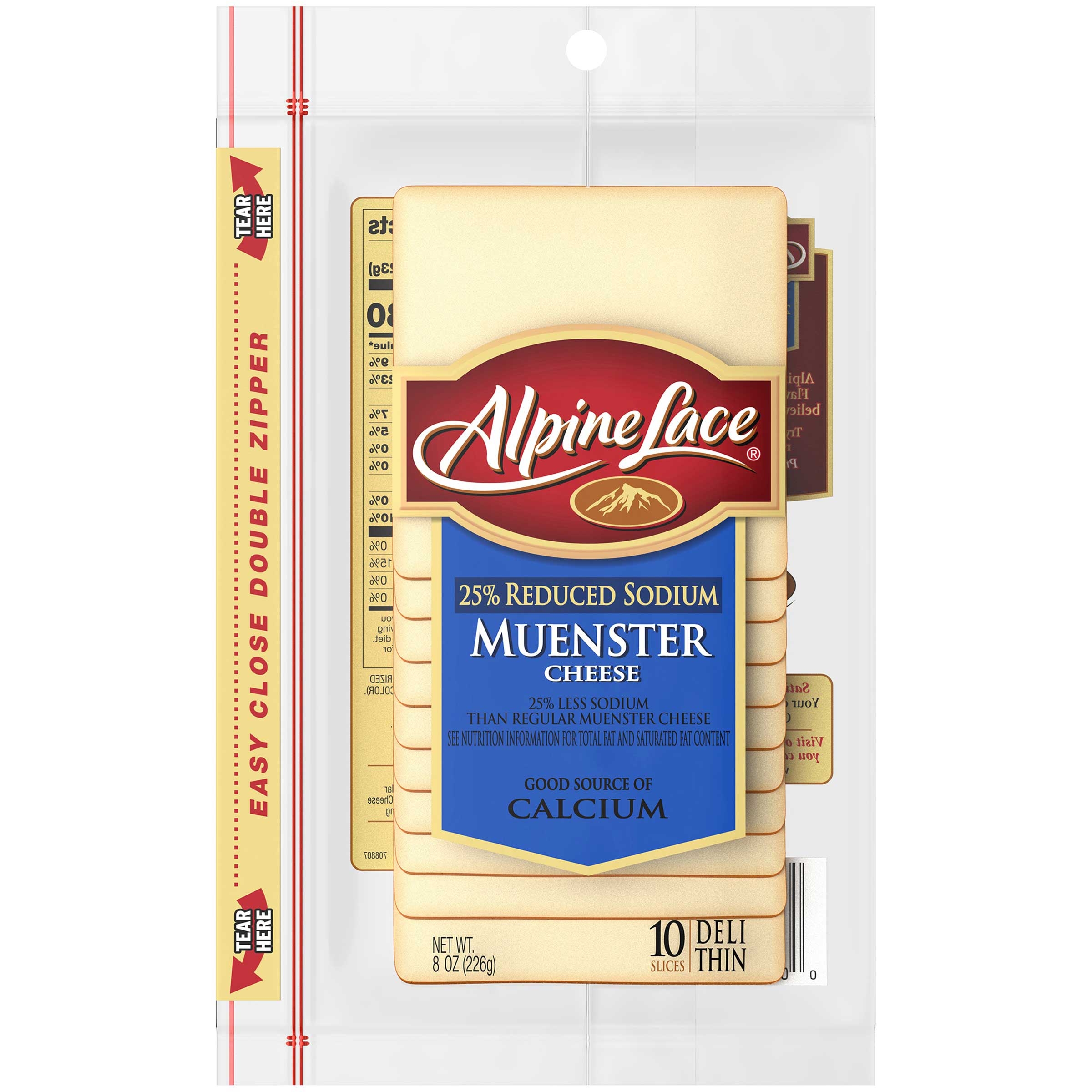 Alpine Lace Sliced 25% Reduced Sodium Muenster Cheese, 8 Ounce -- 12 per case