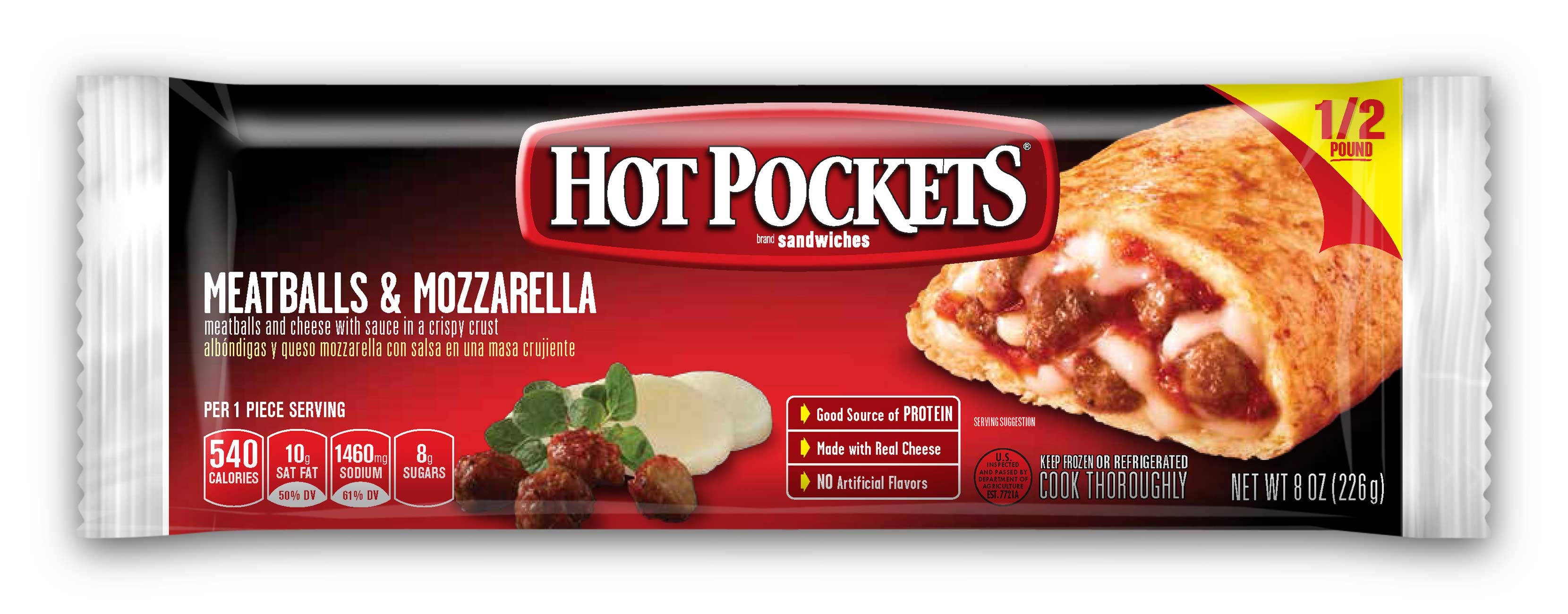 Nestle Hot Pockets Meatballs and Mozzarella Stuffed Sandwich, 8 Ounce -- 12 per case.