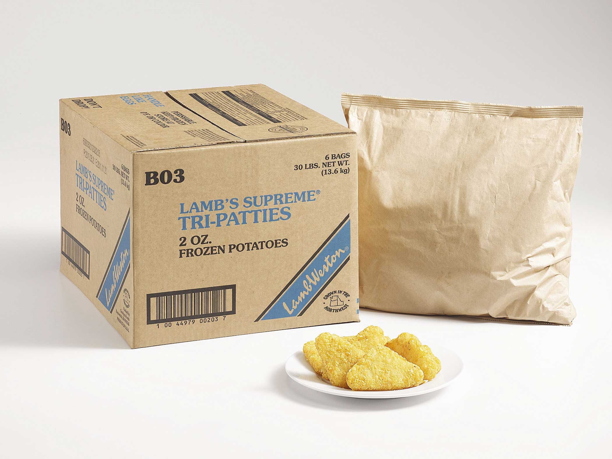 Lamb Weston Supreme Hash Browns and Formed Potato Tri Patty, 2 Ounce -- 6 per case.