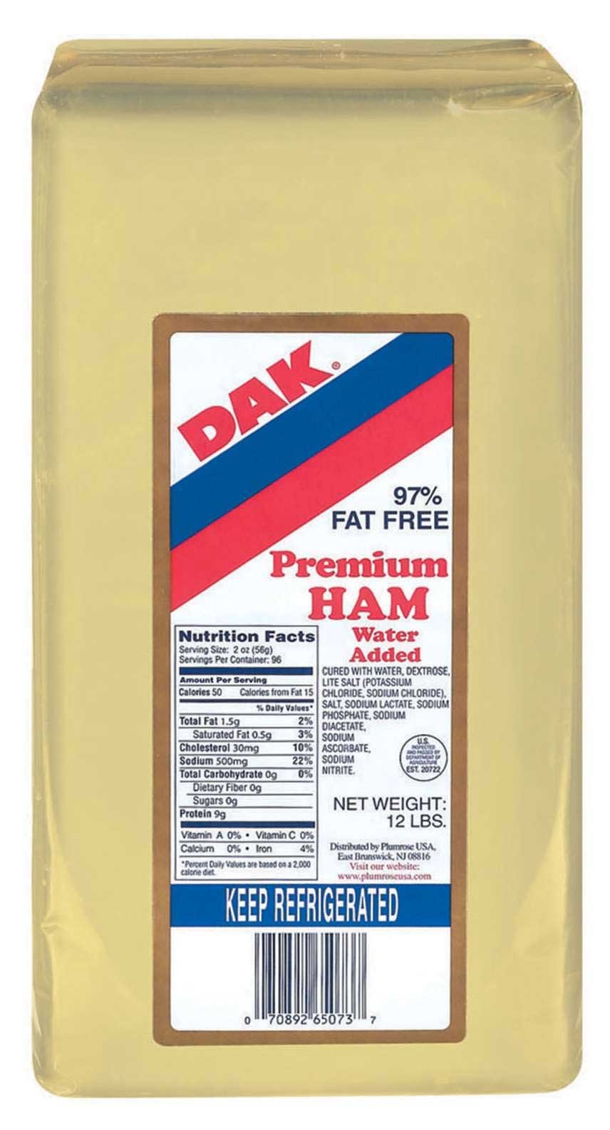 Dak Premium 97 Percent Fat Free Water Added Deli Ham, 12 Pound -- 2 per case.