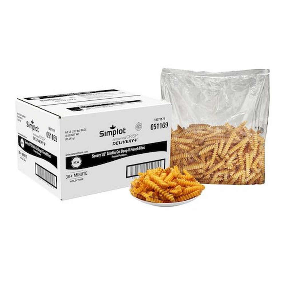 Simplot Seasonedcrisp Delivery Plus 1/2 Savory Battered Deep Skin On V Crinkle Cut French Fries, 5 Pound -- 6 per case