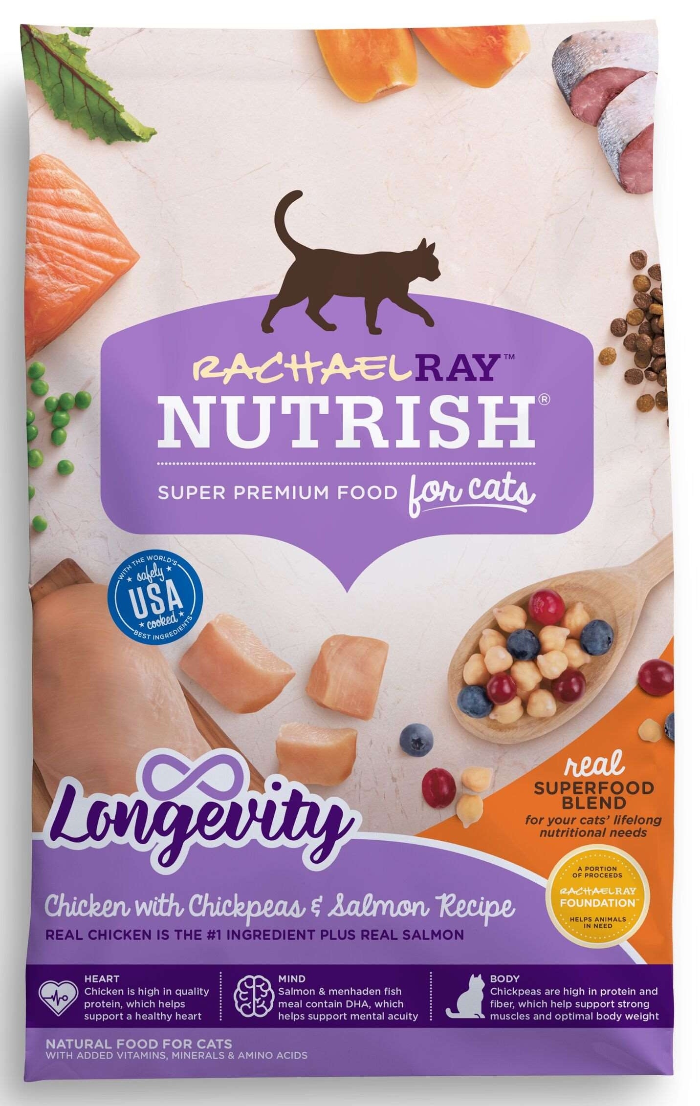 Rachael Ray Nutrish Chicken with Chickpeas and Salmon Longevity Dry Cat Food, 3 Pound Bag -- 4 per case