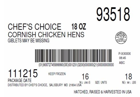 Chefs Choice Cornish Chicken Hen with Giblets, 18 Ounce -- 16 per case.
