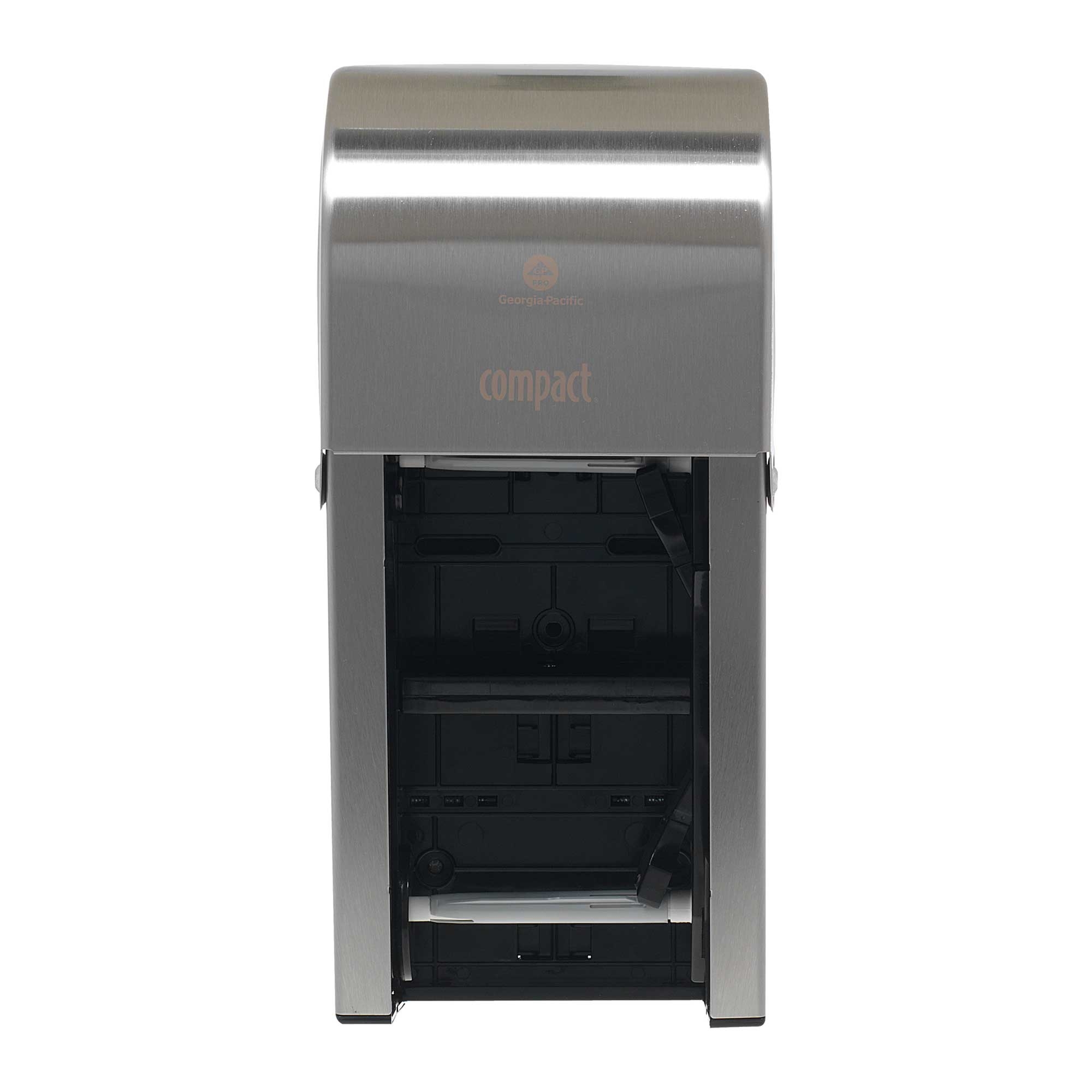 Compact Vertical Double Roll Bathroom Tissue Dispenser.