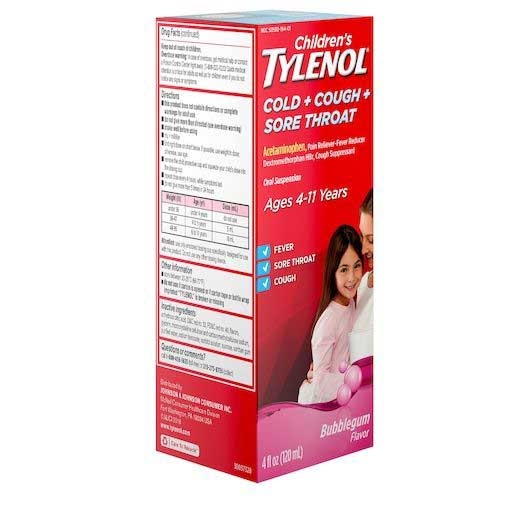 Tylenol Childrens Cold Cough and Sore Throat Bubblegum Flavor Suspension, 4 Fluid Ounce -- 36 per case