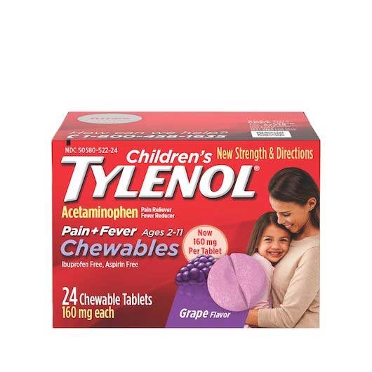 Tylenol Childrens Grape Flavor Pain and Fever Reliever Acetaminophen Chewable Tablet - 24 count per pack -- 48 packs per case